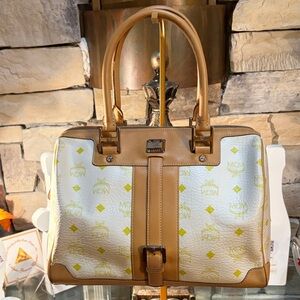 MCM Beige and White and Green Satchel
